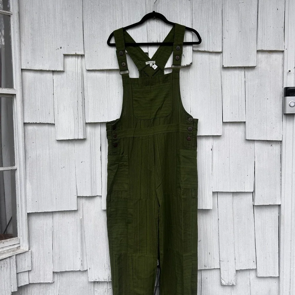 Earthbound Trading Co Olive Green Striped Patchwork Cotton Overalls‎ Small Boho - Picture 2 of 9